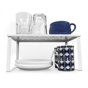 Estante UP de chapa de acero plegada, organizador de alacena, vajillero, color blanco, con vasos, tazas, platos y frascos, diseño minimalista y resistente – Muett