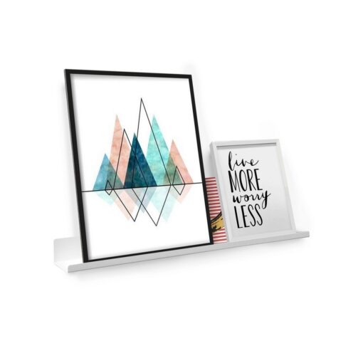 Estante LINE de 60cm en acero plegado, color blanco, diseño moderno y minimalista, con cuadros decorativos Muett