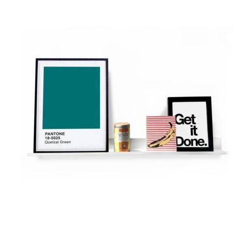 Estante LINE de 80cm en acero plegado, color blanco, diseño moderno y minimalista, con cuadros decorativos Muett