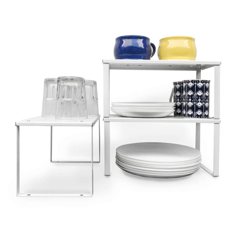 Estante UP de chapa de acero plegada, organizador de alacena, vajillero, color blanco, con vasos, tazas, platos y frascos, diseño minimalista y resistente – Muett