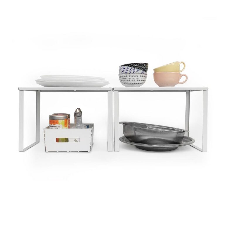 Estante UP de chapa de acero plegada, organizador de alacena, vajillero, color blanco, con tazas, platos y especiero, diseño minimalista y resistente – Muett