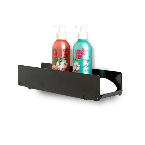 Estante de baño ducha DHARMA negro Muett en aluminio, diseño simple y moderno con productos de baño jabonera fondo blanco