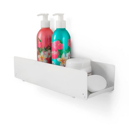 Estante de baño ducha DHARMA blanco Muett en aluminio, diseño simple y moderno con productos de baño jabonera fondo blanco