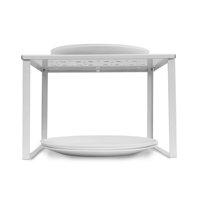 Estante UP de chapa de acero plegada, organizador de alacena, vajillero, color blanco, con platos, diseño minimalista y resistente – Muett