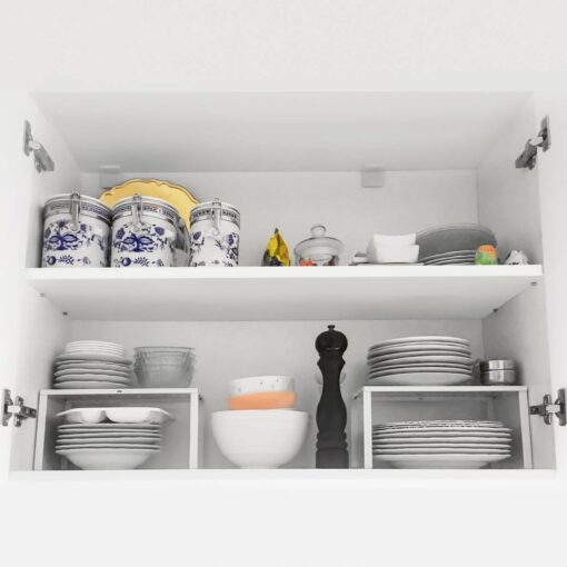 Estante UP de chapa de acero plegada, organizador de alacena, vajillero, color blanco, instalado en alacena con taza, platos, copas, vasos y tazas, diseño minimalista y resistente – Muett