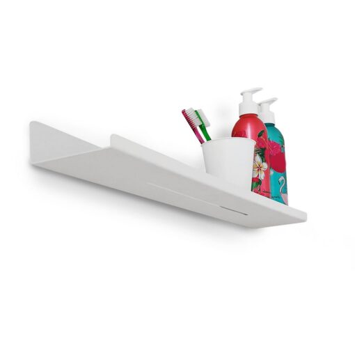 Estante LINE de 40cm ALUMINIO en aluminio plegado, color blanco, diseño moderno y minimalista, con dispenser y vaso para baño con cepillo de dientes, shampoo y crema de enjuague, Muett
