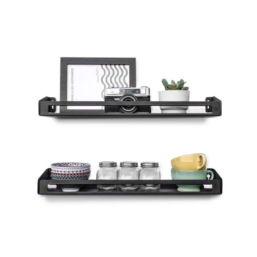 Estante Reversible MAG de acero plegado, diseño moderno y resistente, color negro, con cámara fotográfica, especieros, tazas y cuadro decorativo, Muett