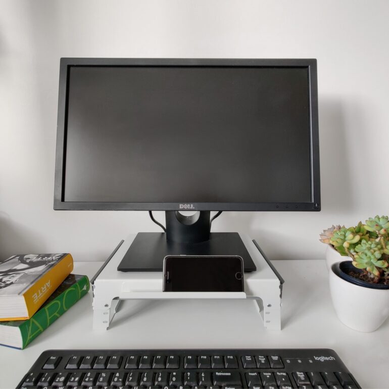 soporte regulable levanta monitor apoya pantalla organizador de escritorio con cajon diseño oficina acero muett