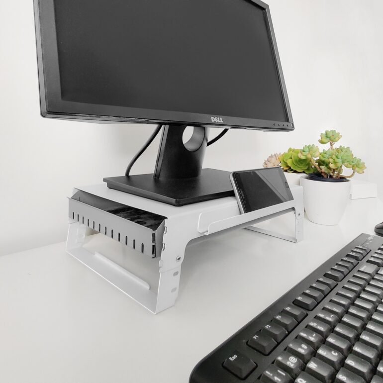 soporte regulable levanta monitor apoya pantalla organizador de escritorio con cajon diseño oficina acero muett