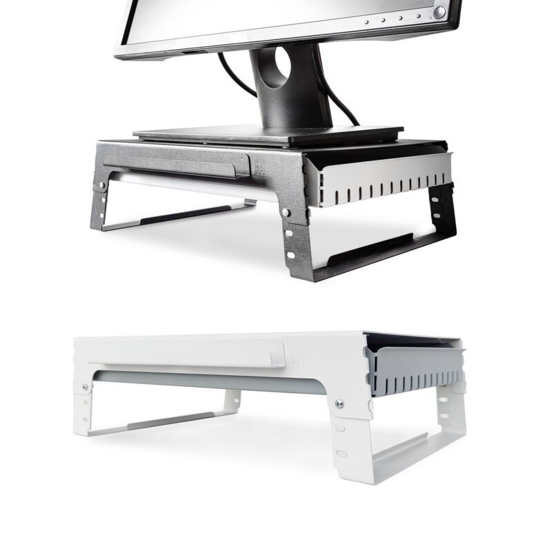 soporte regulable levanta monitor apoya pantalla organizador de escritorio con cajon diseño oficina acero muett