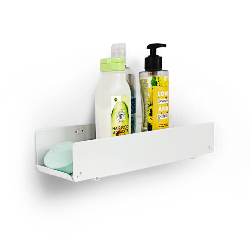 Estante de baño ducha DHARMA blanco Muett en aluminio, diseño simple y moderno con productos de baño jabonera