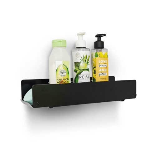 Estante de baño ducha DHARMA negro Muett en aluminio, diseño simple y moderno con productos de baño jabonera fondo blanco