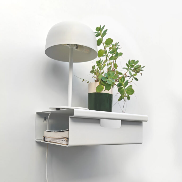 repisa estante mesa de luz flotante diseño minimalista moderno mesa de noche par dormitorio mueble de chapa de acero Muett