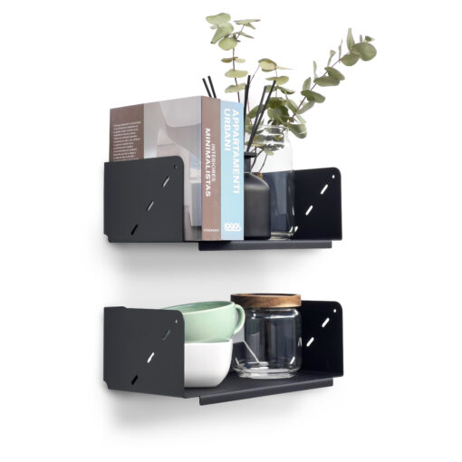 Par de estantes negros repisas de acero de diseño minimalista modernos para libros especieros deco biblioteca de pared originales Muett