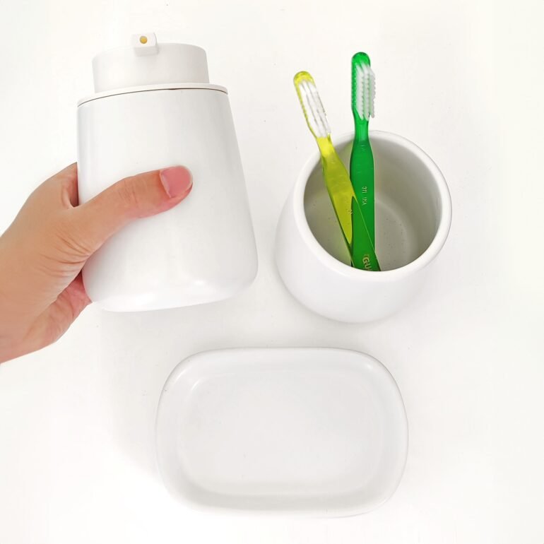 set de baño dispenser vaso y jabonera accesorios diseño para baño originales muett