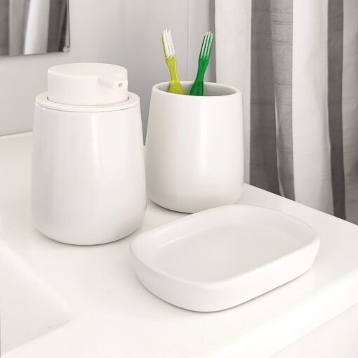 set de baño dispenser vaso y jabonera accesorios diseño para baño originales muett