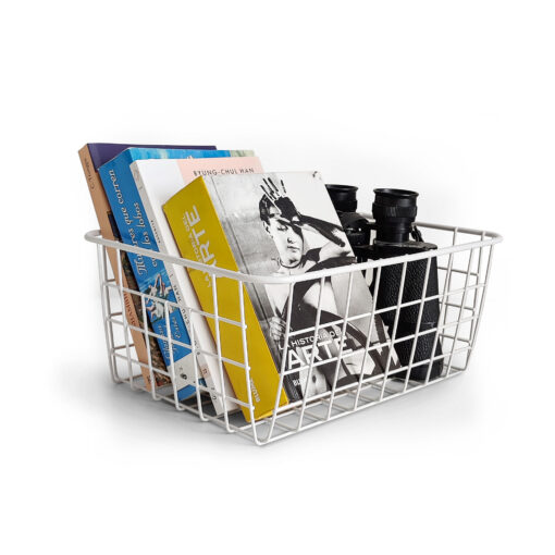 Canasto organizador ITAE de alambre, con libros y binoculares, color blanco, diseño moderno Muett