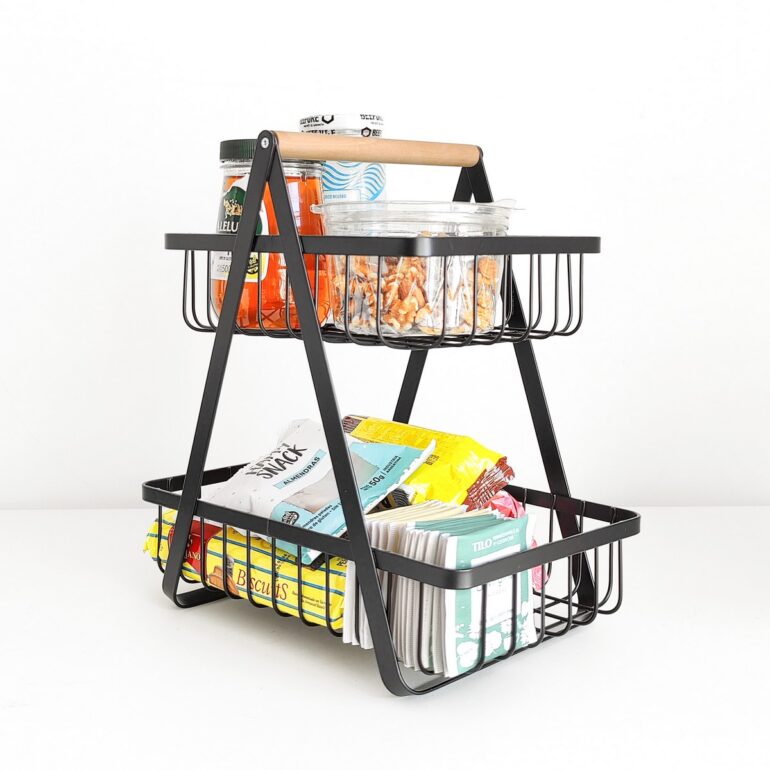canasto metalico doble organizador alambre y madera estante contenedor diseño original Muett