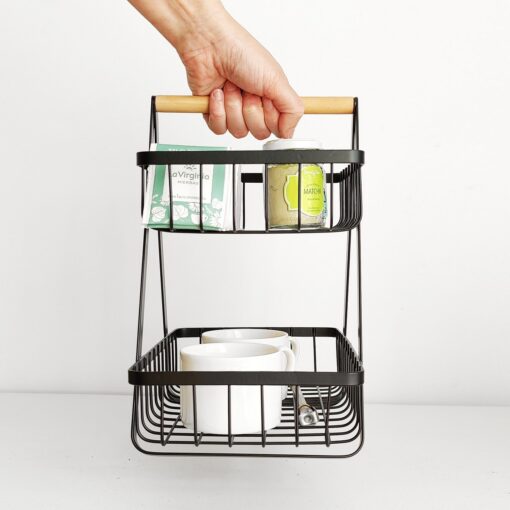 canasto metalico doble organizador alambre y madera estante contenedor diseño original Muett
