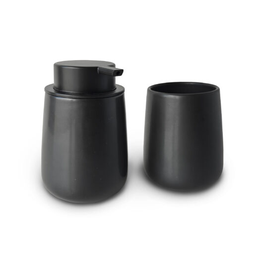 set dispenser de jabon o detergente con vaso de ceramica liso negro diseño minimalista original Muett