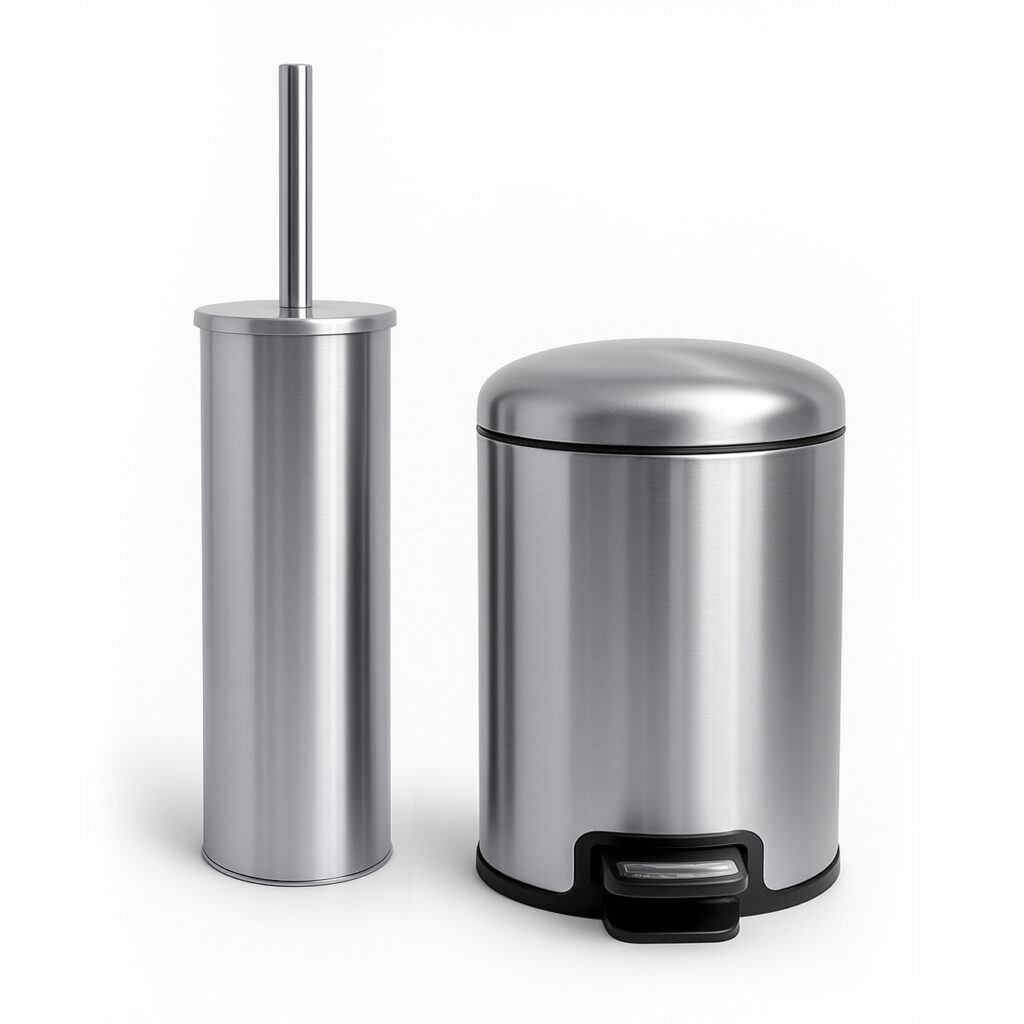 tacho cesto para baño con escobilla o cepillo de inodoro moderno fabricado en acero inoxidable diseño original muett