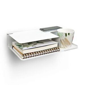 estante diseño original mesa de luz flotante mueble moderno organizador de dormitorio repisa doble para taza libro y celular con pasacables Muett