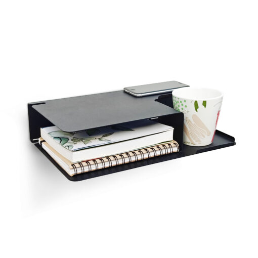 estante diseño original mesa de luz flotante mueble moderno organizador de dormitorio repisa doble para taza libro y celular con pasacables Muett