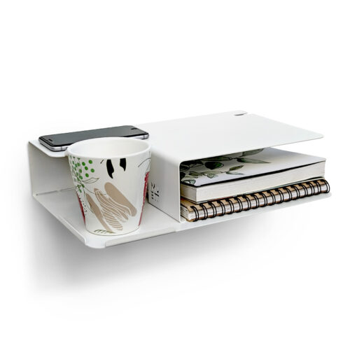 estante diseño original mesa de luz flotante mueble moderno organizador de dormitorio repisa doble para taza libro y celular con pasacables Muett
