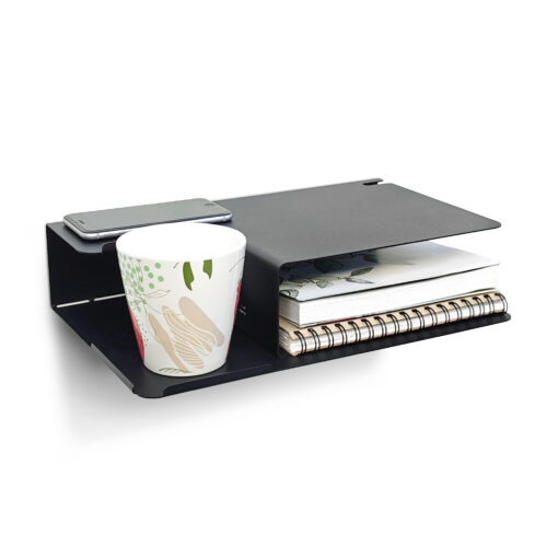 estante diseño original mesa de luz flotante mueble moderno organizador de dormitorio repisa doble para taza libro y celular con pasacables Muett