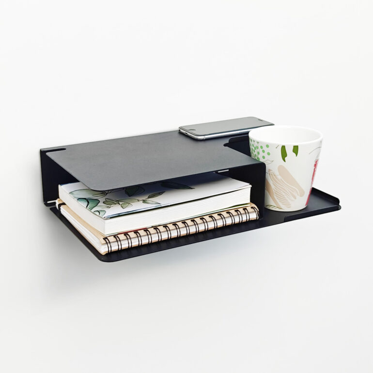 estante diseño original mesa de luz flotante mueble moderno organizador de dormitorio repisa doble para taza libro y celular con pasacables Muett