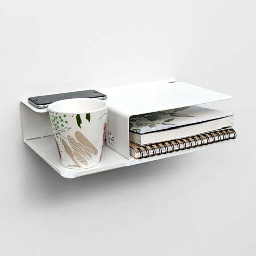 estante diseño original mesa de luz flotante mueble moderno organizador de dormitorio repisa doble para taza libro y celular con pasacables Muett