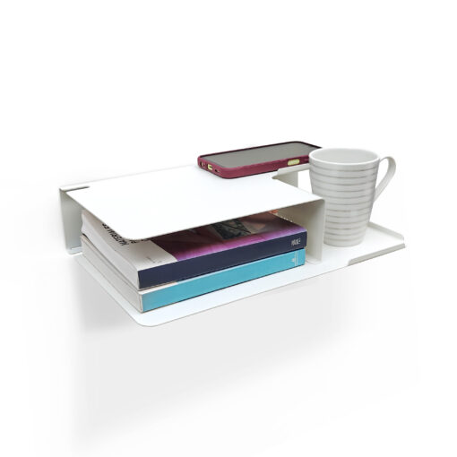 estante diseño original mesa de luz flotante mueble moderno organizador de dormitorio repisa doble para taza libro y celular con pasacables Muett
