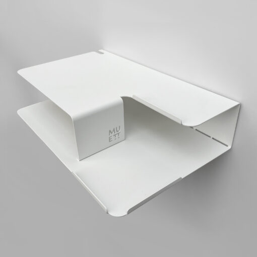 estante diseño original mesa de luz flotante mueble moderno organizador de dormitorio repisa doble para taza libro y celular con pasacables Muett