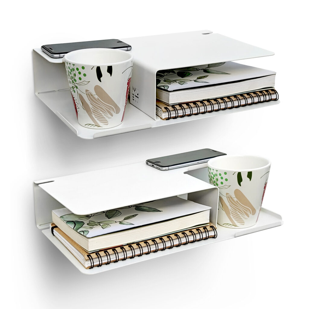 estante diseño original mesa de luz flotante mueble moderno organizador de dormitorio repisa doble para taza libro y celular con pasacables Muett