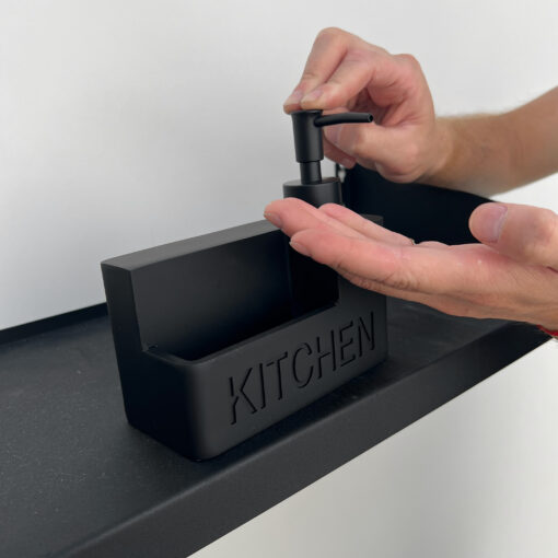 Organizador de cocina negro con porta esponja y dispensador de jabón líquido con relieve KITCHEN