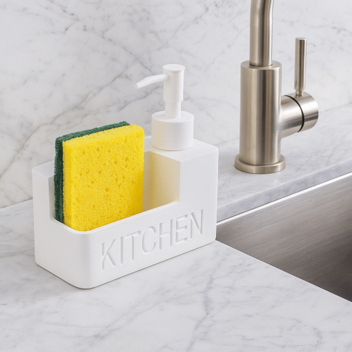 Organizador de cocina blanco con porta esponja y dispensador de jabón líquido con relieve KITCHEN