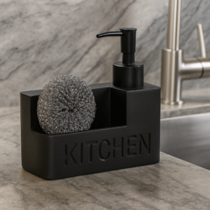 Organizador de cocina negro con porta esponja y dispensador de jabón líquido con relieve KITCHEN