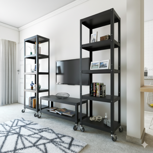 Set de muebles para espacio de TV: Estanterías y Mesa Arturito Larga - Negro